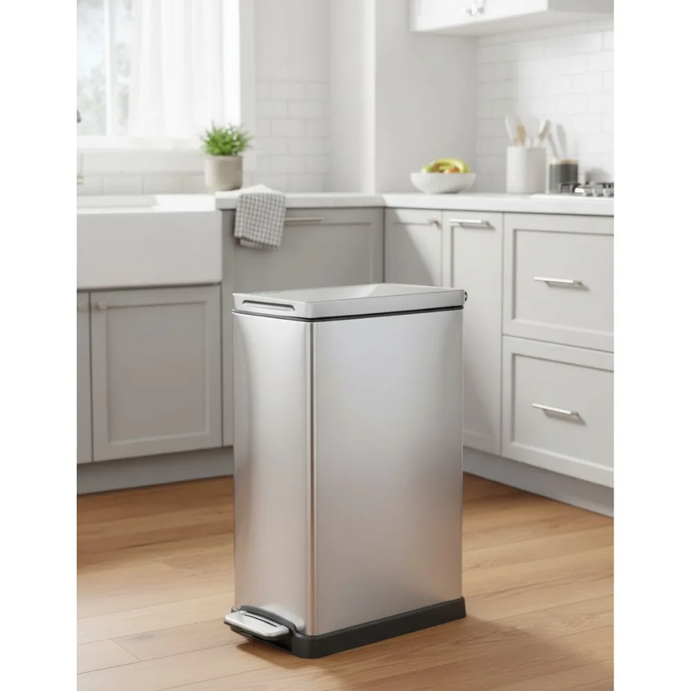 

12 Gallon Slim Kitchen Trash Can with Soft Close Lid, Step Pedal, Bag Tuck Band, Stainless Steel Silver