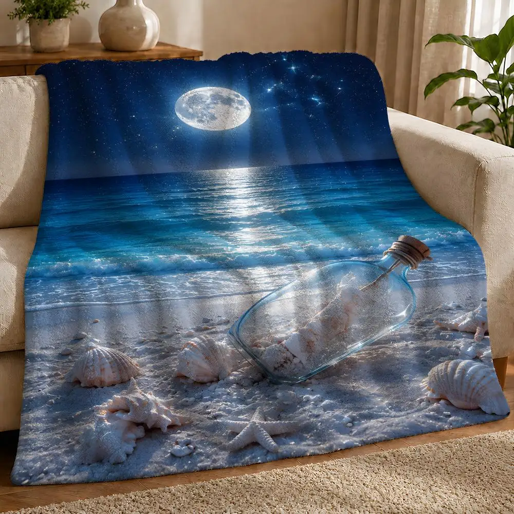 Dreamy Ocean Beach Seashell Starfish Throw 1pc Flannel Blanket Soft Lightweight Warm Cozy For Bedroom Sofa Bed