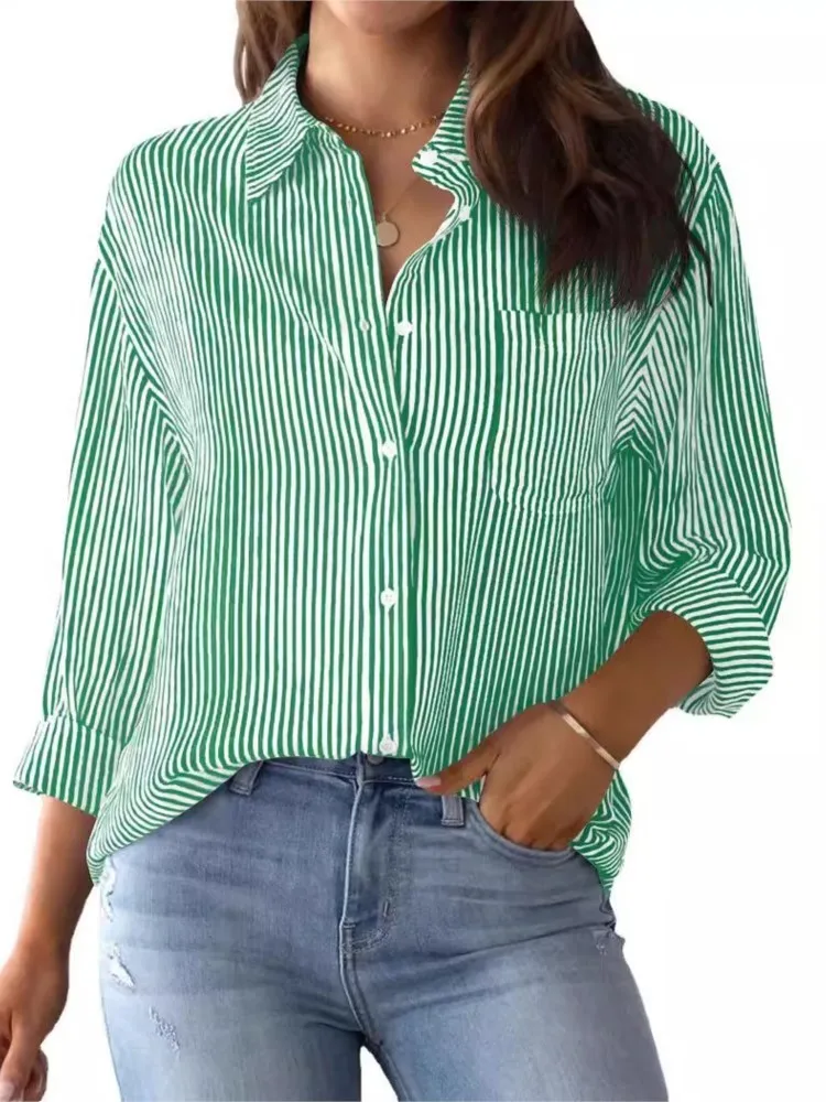 Fashion Women's Top Lapel Pocket Single Breasted Classic Striped Long Sleeve Shirt 2024 Autumn Elegant Office Women's Wear