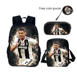 3 pcs set Football CR7 Star Child School Backpack with Lunch Bags Pencil Bags School Bags for R-Ronaldos Boys Girls Best Gift