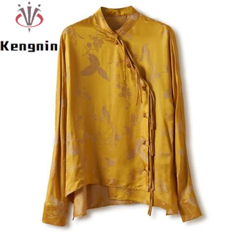 Yellow Print Fake Silk Women Shirts 2024 Summer Vintage Chinese Style Office Lady Work Blouse Disc Buckle Loose Blause Top KN370