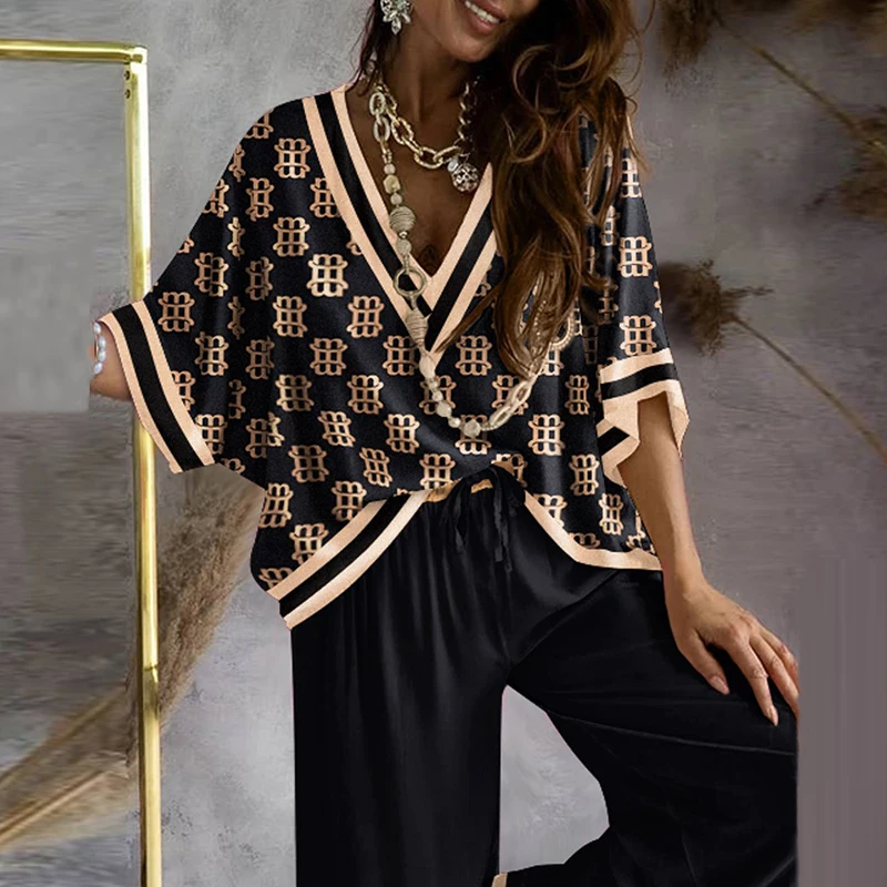 Elegant Loose Chic Print Women Sets Sexy V-Neck Batwing Sleeve Top Causal Tie-up Wide Leg Pants Fashion Temperament Commut Sets