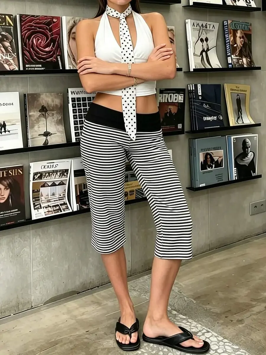 

Women Striped Capri Pants Lightweight Casual Summer Loose Fit Knee Length Palazzo Culottes