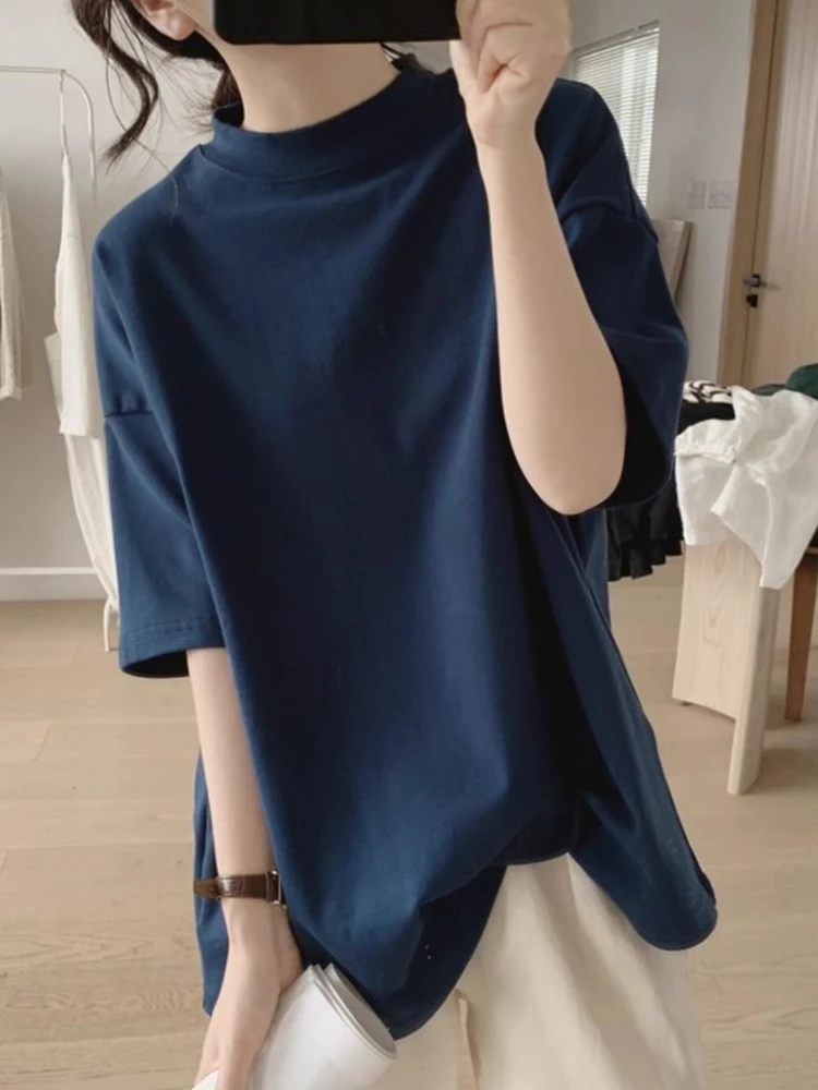 

plus Size 300 Pou Color f High Collar ort Sve T-irt Women Summer Loose Meat Concealing Anti-Aging Top