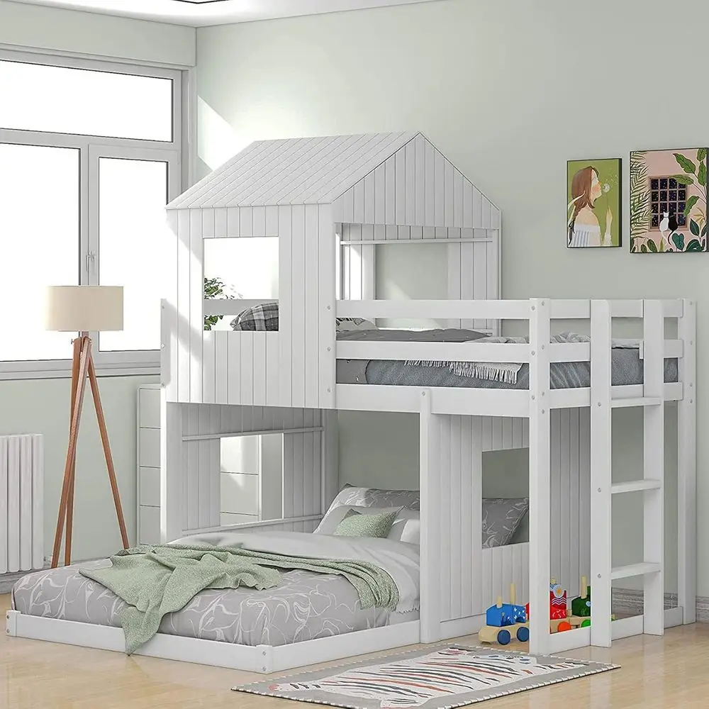 

Twin Castle-Style Kids Bunk Bed with Windows, Suitable for Cottages, Teens, Girls & Boys, White