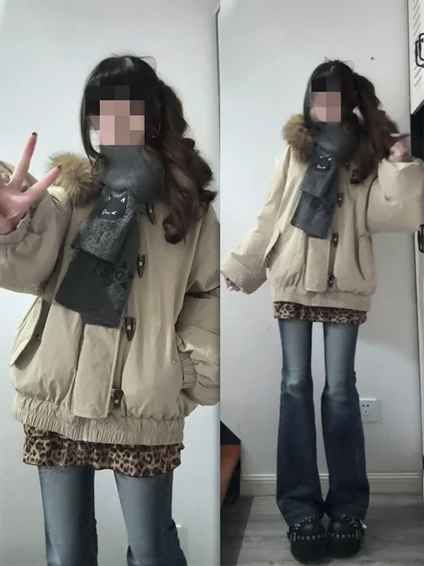 

Thickened American Style Parka Coat Women's New Autumn Winter Retro Warm Cotton Clothes Hooded Warm Outerwear with Large Fur ...