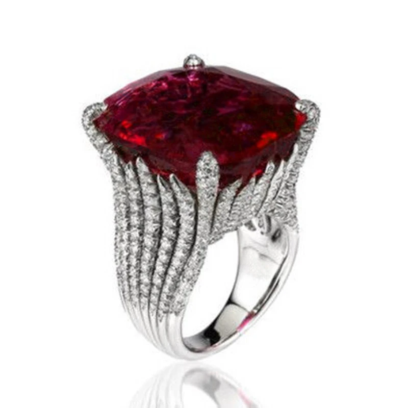 Huitan Gorgeous Square Dark Red Cubic Zirconia Rings for Women Wedding Engagement Hyperbole Noble Female Rings Fashion Jewelry