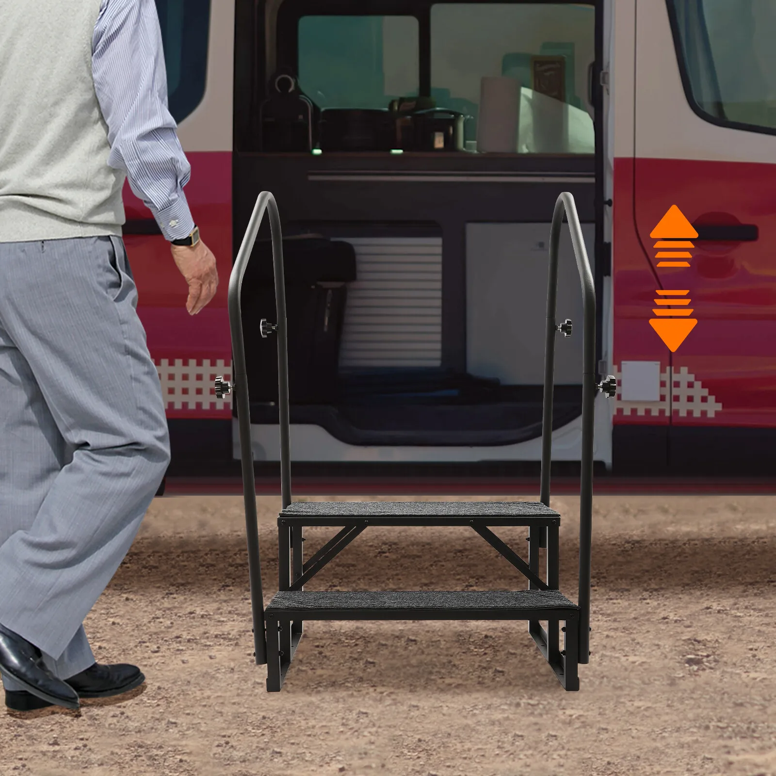 

2-Step RV Ladder with Handrails Portable Steel Stairs 450lbs Capacity for Travel Trailer Camper