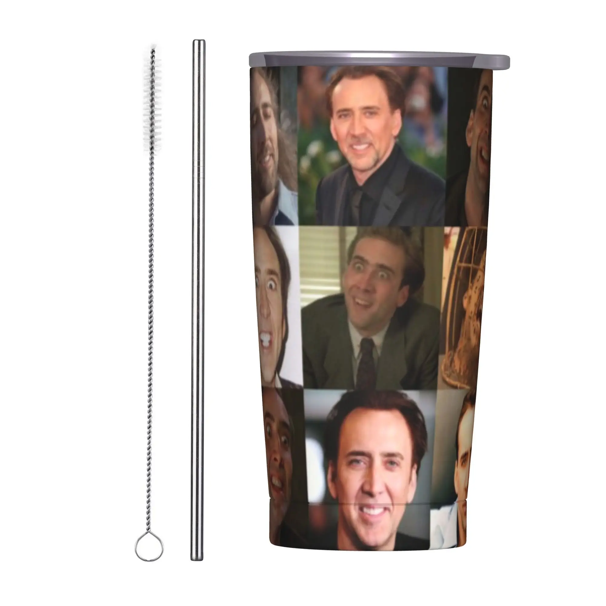Nicolas Cage Face Meme Tumbler Vacuum Insulated Nicolas Cage Printed Coffee Cups Vacuum Flask Home Mugs Water Bottle, 20oz