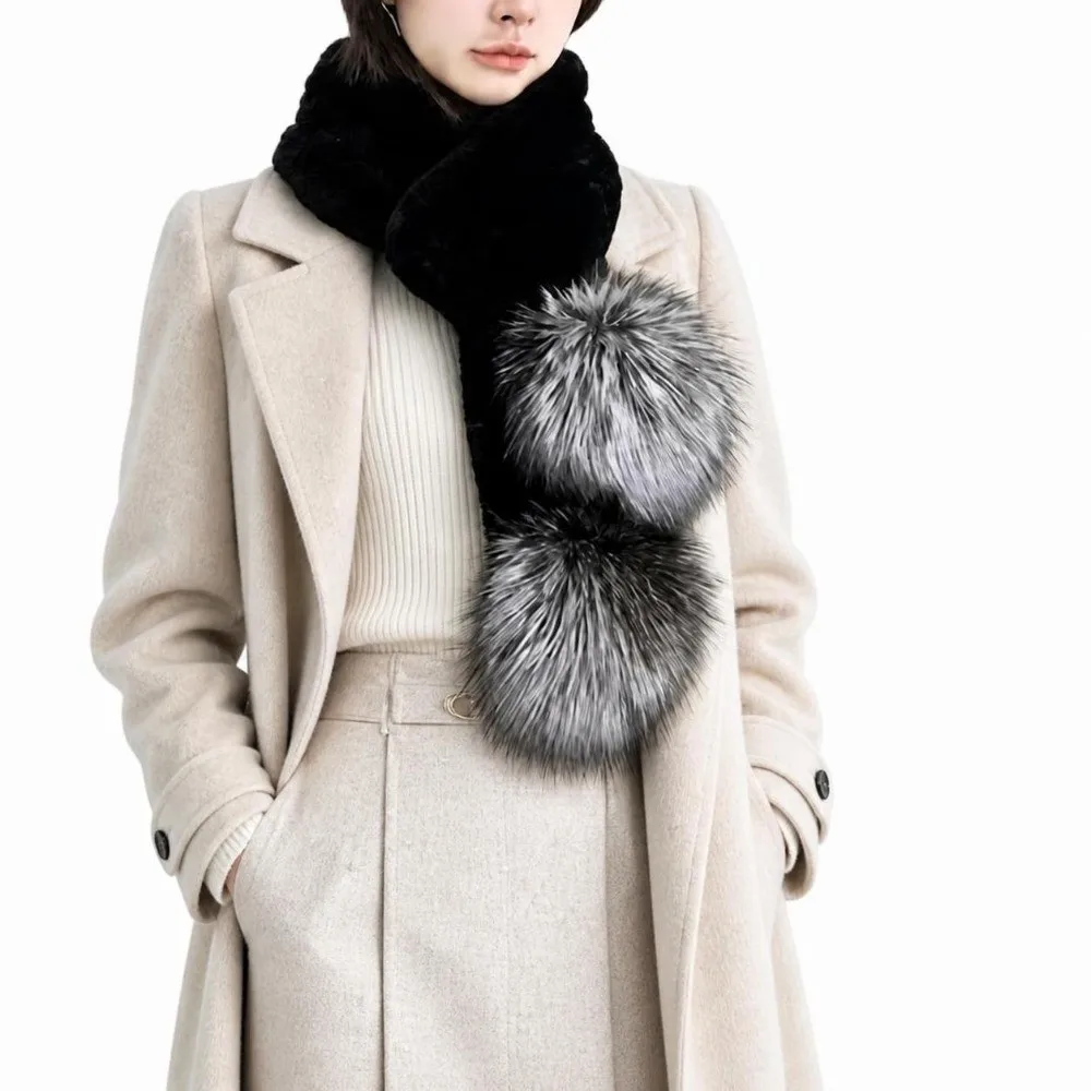 Thickened Warm Faux Fur Scarf Soft Fox Fur Ball Women's Winter Scarf Fluffy Keep Warm Neck Warmer Scarf Outdoor Cold-proof