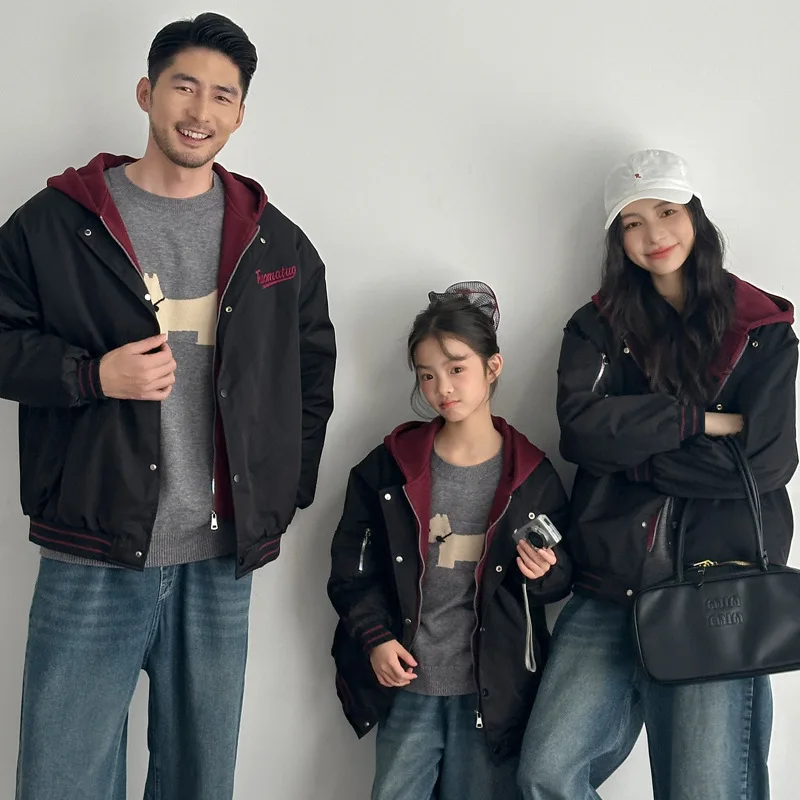

2026 Winter Korean Style Embroidery Hooded Padded Coat for Parents & Kids Unisex Warm Jacket Thickened Family Matching Outfits