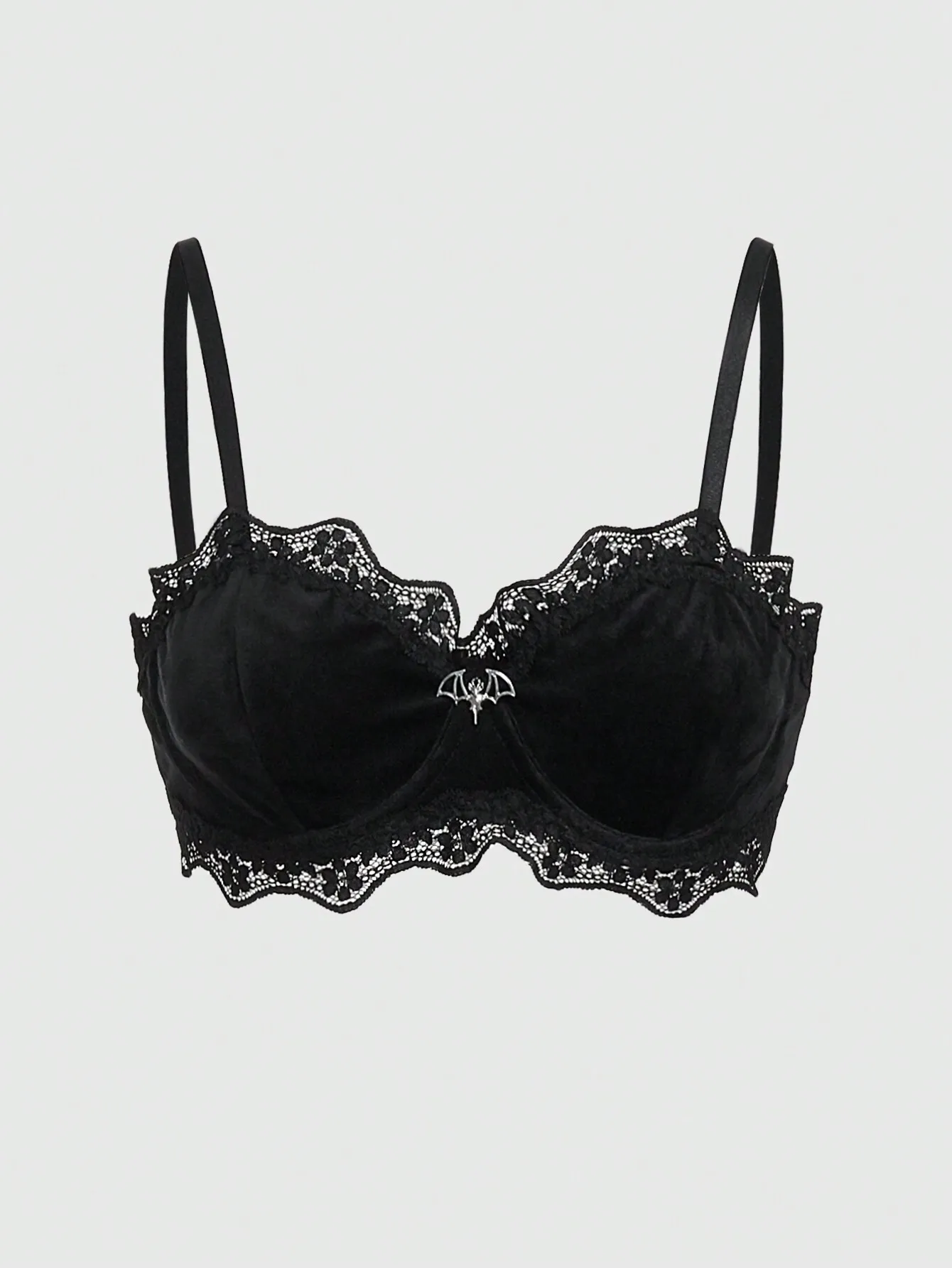 

Black Velvet Lace Trim Underwire Bralette with Gothic Wing Pendant