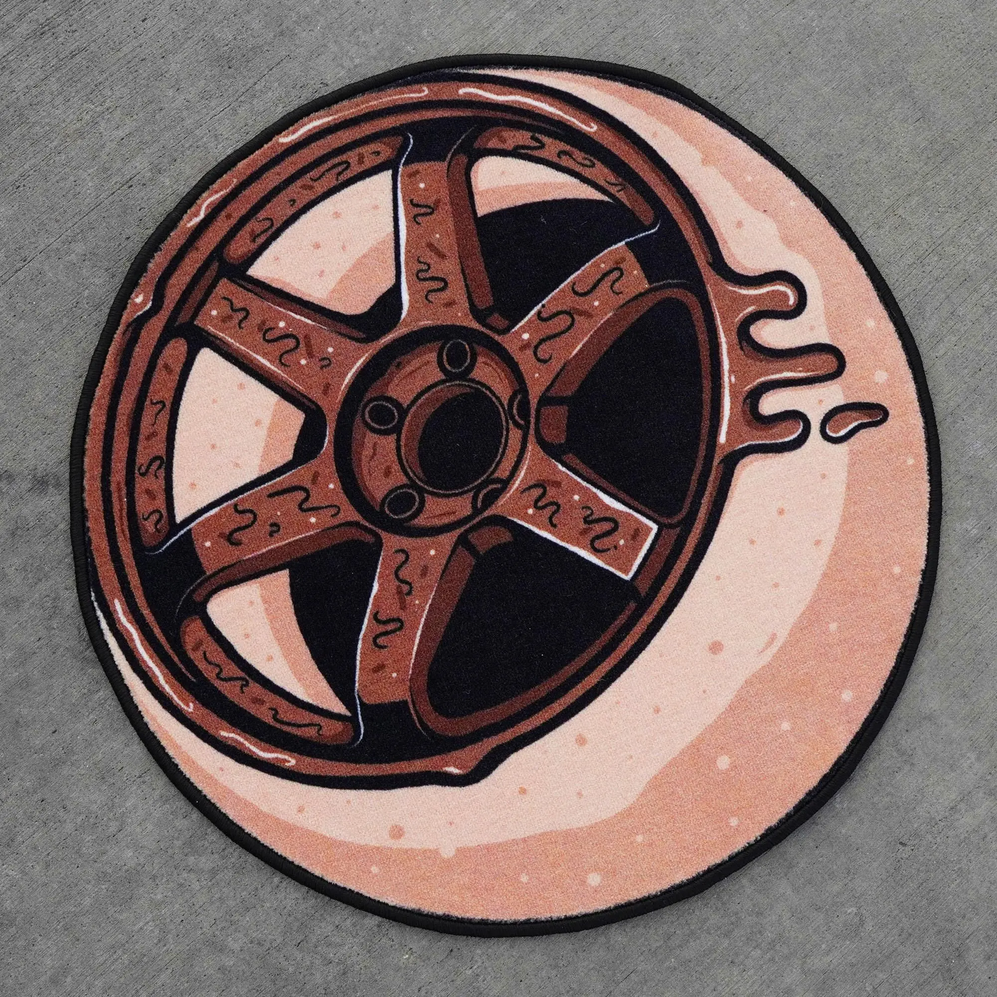 Round Printed Rug Pink Alloy Wheel Rim 80x80cm for Garage Workshop Office