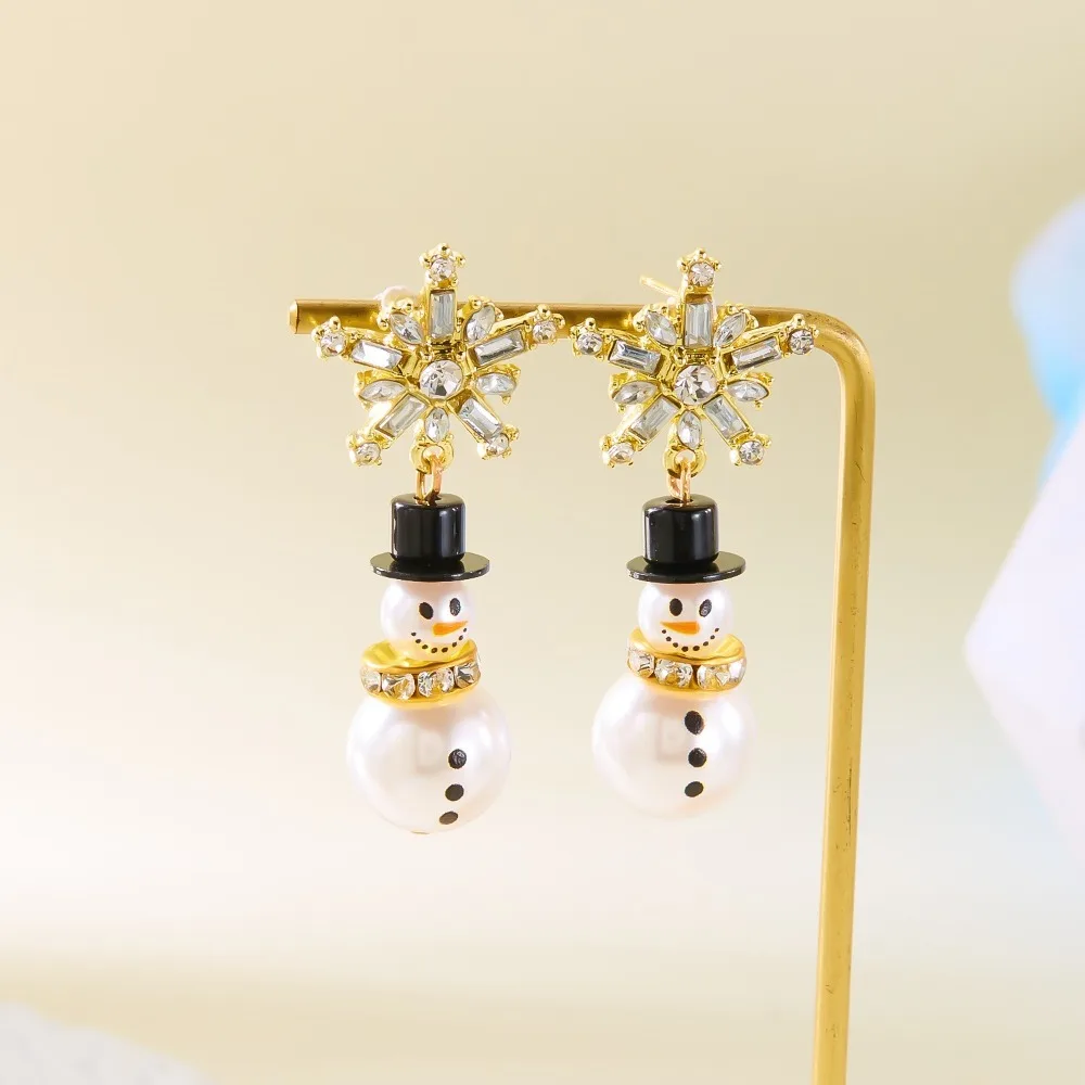 رائعة لؤلؤة عيد الميلاد أقراط ندفة الثلج حجر الراين ثلج أقراط Piecring سبائك الزنك عيد الميلاد استرخى أقراط الطرف #4