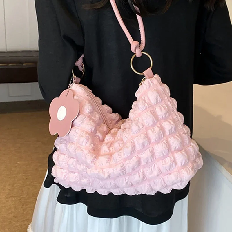 Korean Soft Cloud Bubbles Handbags for Woman Girls Flower Pleated Cloud Underarm Bag Pouch Bag Casual Shoulder Bag Cute Purse