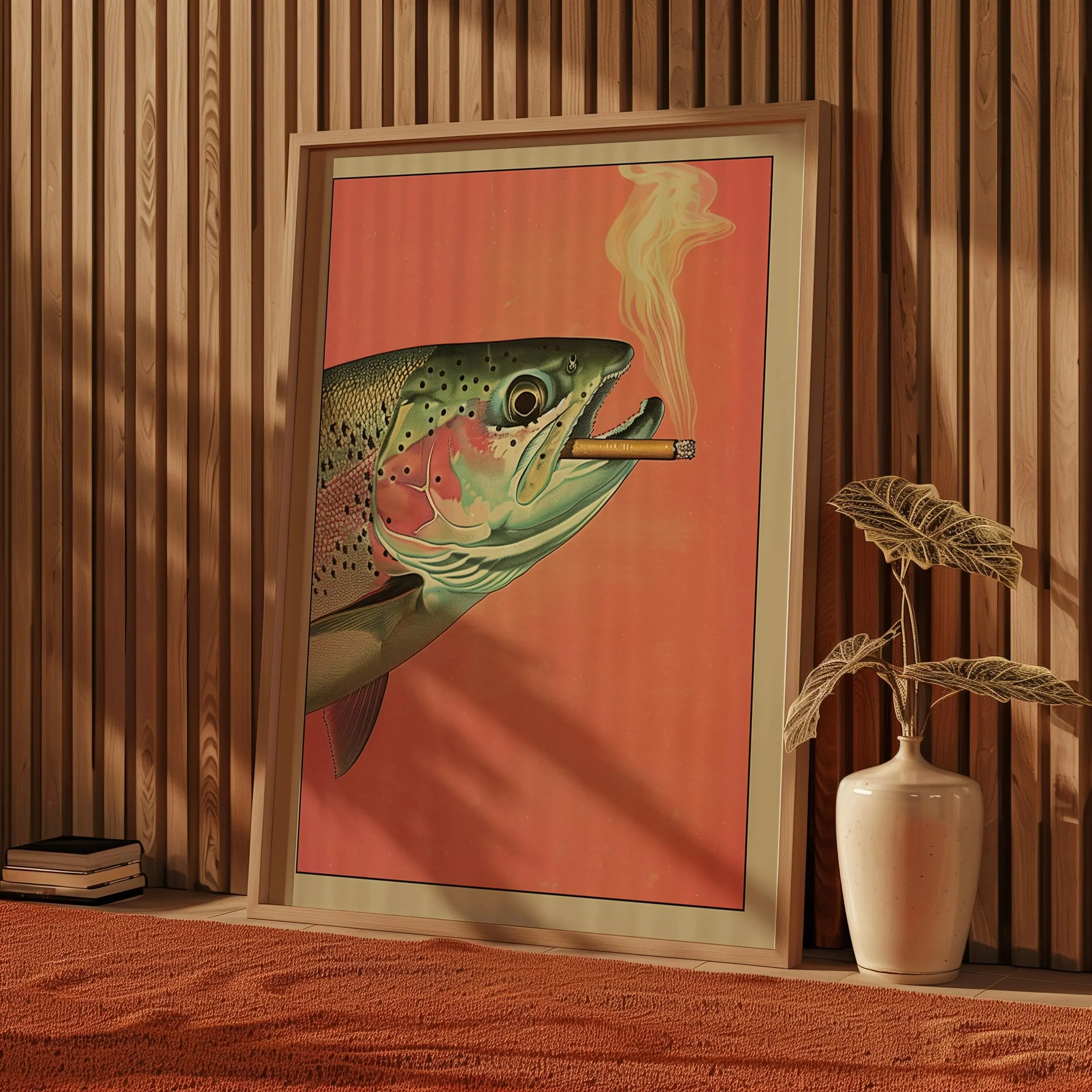 Trout Smoking a Cigarette Vintage Poster Art Funny Retro Whimsical Print Cabin Wall Decor Outdoor Sports Fisherman Illustration