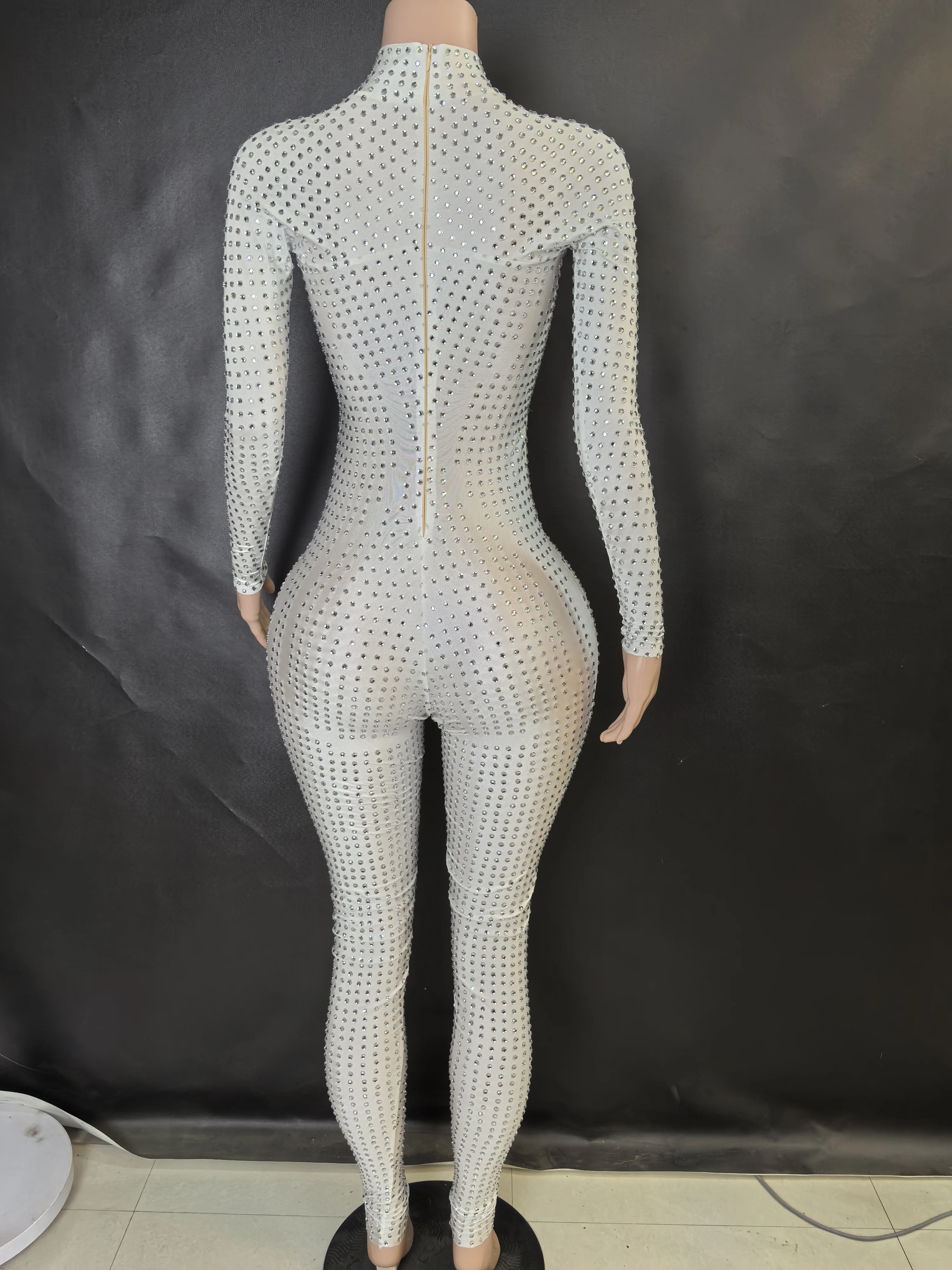 Women's Sparkly Long Sleeve Crystal Rompers Bodycon Bodysuits for Pole Dance Stage Performance Party One Piece Jumpsuits 7G