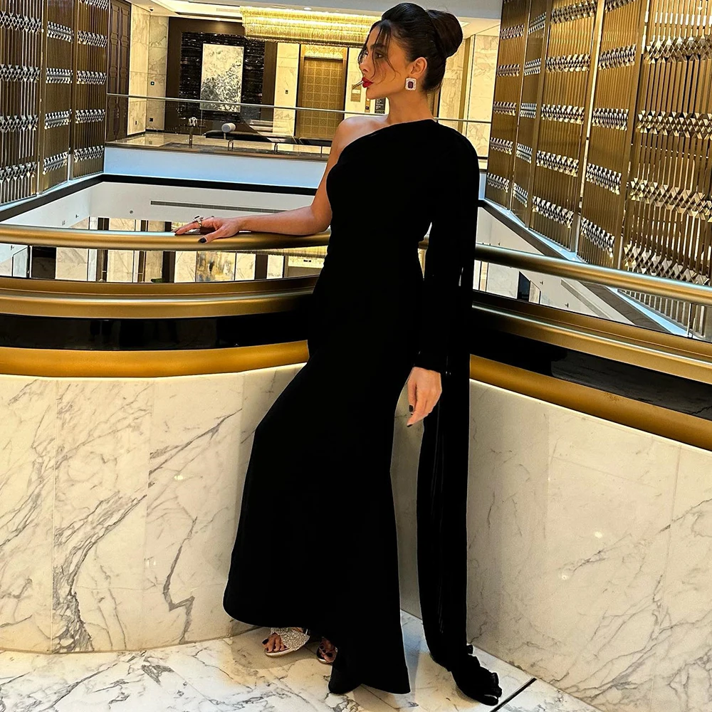 

Customized One-Shoulder Black Jersey Evening Dress Full Sleeves With Sweep Train Party Dress Mermaid Floor Length Prom Gown