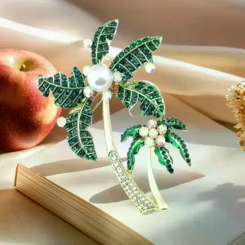 Fashion Green Rhinestone Coconut Tree Brooches For Women Clothing Coat Banquet Party Accessories Gifts