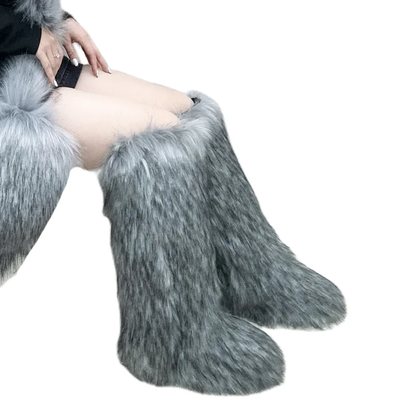 Hot Sale Ins Fashion Long Women Furry Boots Winter Knee Length Keep Warm Ladies Snow Boots