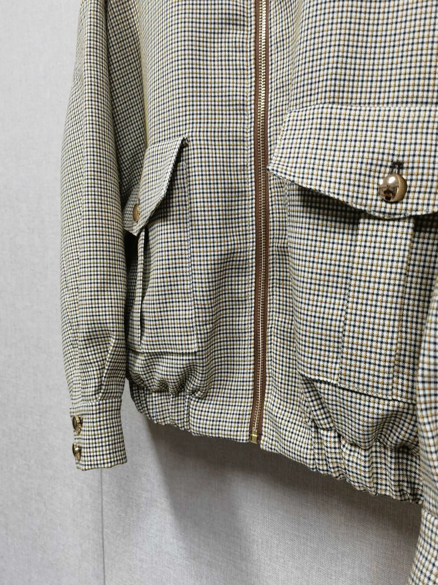 

Spring/Fall Women Houndstooth Turn-down Collar Long Sleeve Set Zipper Pocket Jacket + Spliced High Waist A-line Mini Skirt
