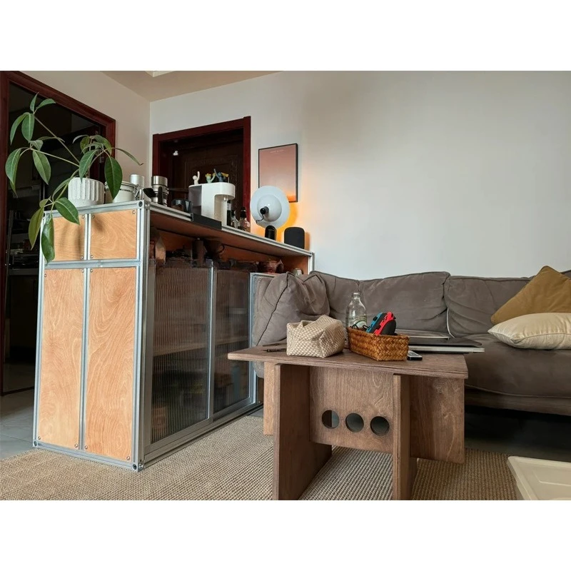 

Household small apartment aluminum profile birch ocean plate side cabinet, display storage cabinet