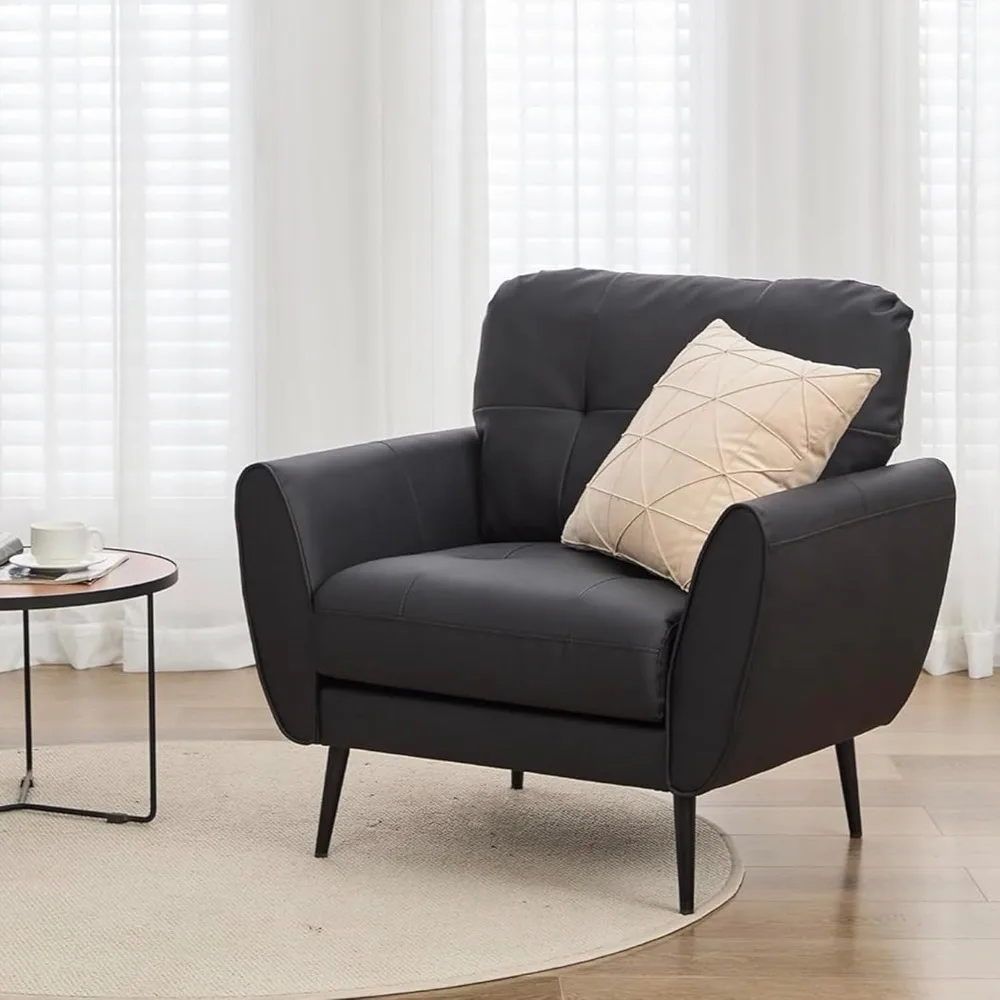 كرسي عصري مريح من الجلد الأسود لغرفة المعيشة بتصميم معنقدة ونمط منتصف القرن