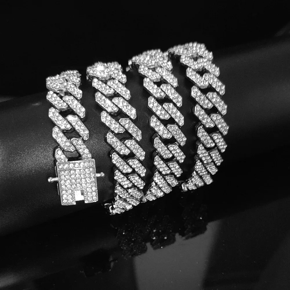 IM 12mm Square Cuban Link Chain Bracelet for Women Men Bling Rhinestone Bracelet Hip Hop Jewelry