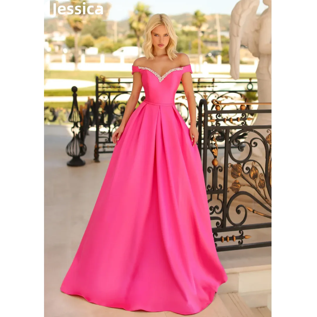 Jessica Hot Pink abito da sposa Luxury Glitter Beads Prom Dresses Satin Spalet Straps abiti da sera eleganti Vestidos De Fiesta