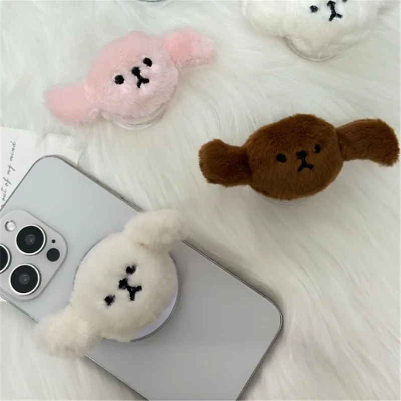 3D Warm Plush Dog Mobile Phone Holder Stand  Anti-Fall Lazy Finger Ring Bracket Grip For IPhone 16 15 Samsung Foldable Hoder