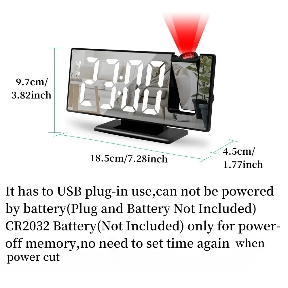 180 °   الذراع الإسقاط ساعة تنبيه درجة حرارة الوقت USB المكونات في منبه رقمي ساعة غفوة ساعة الطاولة 12/24H العارض ساعة ليد