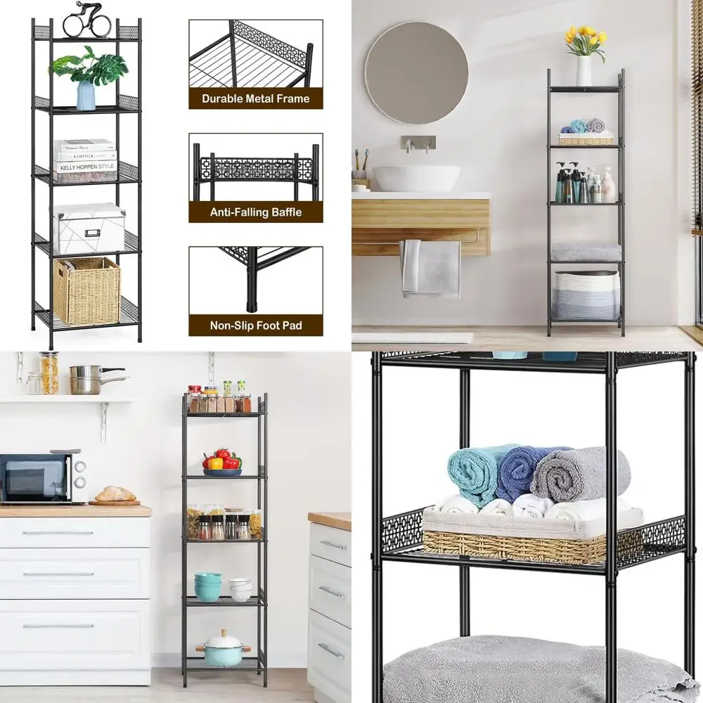 

5-Tier Heavy-Duty Wire Shelving, Freestanding Towel Rack, Kitchen and Bathroom Organizer, Black