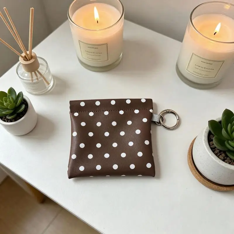 PU Leather Spring-loaded Polka Dot Coin Purse With Key Ring Compact Design For Storing Coins Cards Keys Daily Use