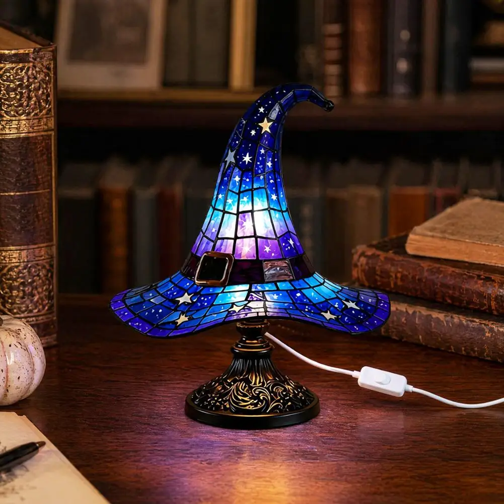 Amber Witch Hat Table Lamp Usb Powered Led Bedside Light Resin Night Light Halloween Bedroom Decor Decorative Shelf Lamp Colored