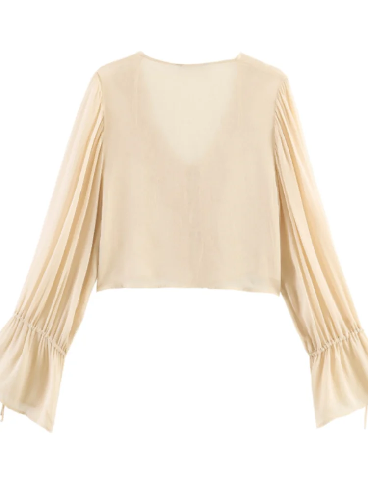

Beige V Neck Tie Front Sheer Top Lace Patchwork Elegant Women Flare Long Sleeve Chiffon Cropped Blouse Daily Streetwear Shirt