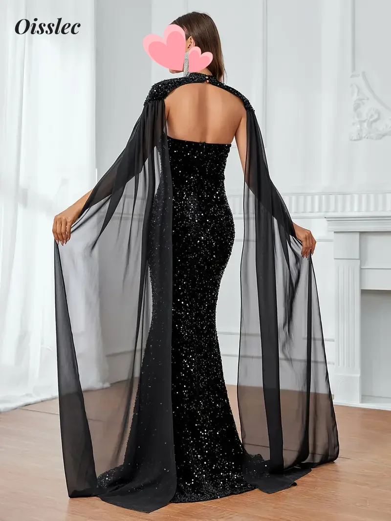 Oisslec-Robe de Soirée de Forme Trapèze avec Fermeture Éclair, Tenue de Bal à Paillettes, Dos aux, Style Formel