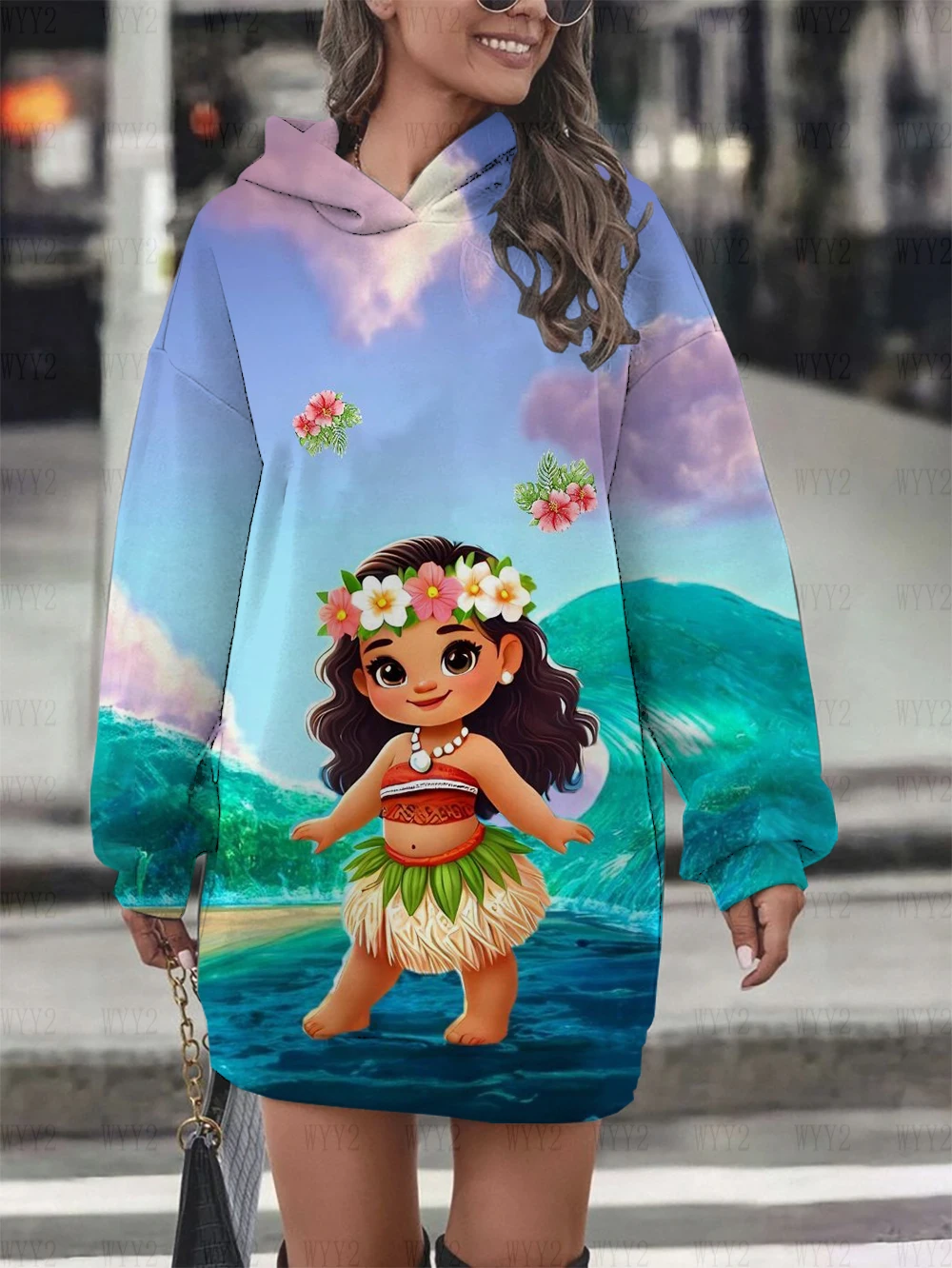 2025 Disney Princess Moana damesjurk met capuchon, herfst/winterprint, sweatshirt met lange mouwen, trui, straatmode.