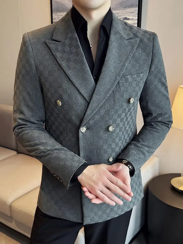 Veste de costume à carreaux à double boutonnage pour hommes, costume d'affaires décontracté, tendance, mince, nouveau style, 3-A49, 2024