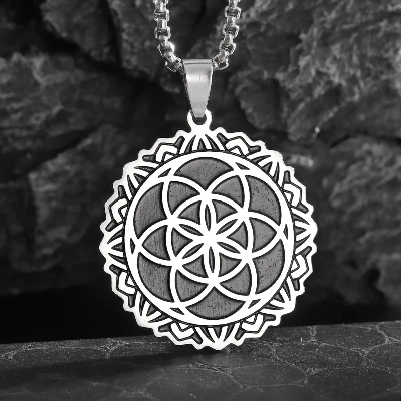 Ancient Egyptian Stainless Steel Geometric Flower of Life Pattern Pendant Necklace for Men and Women Amulet Jewelry