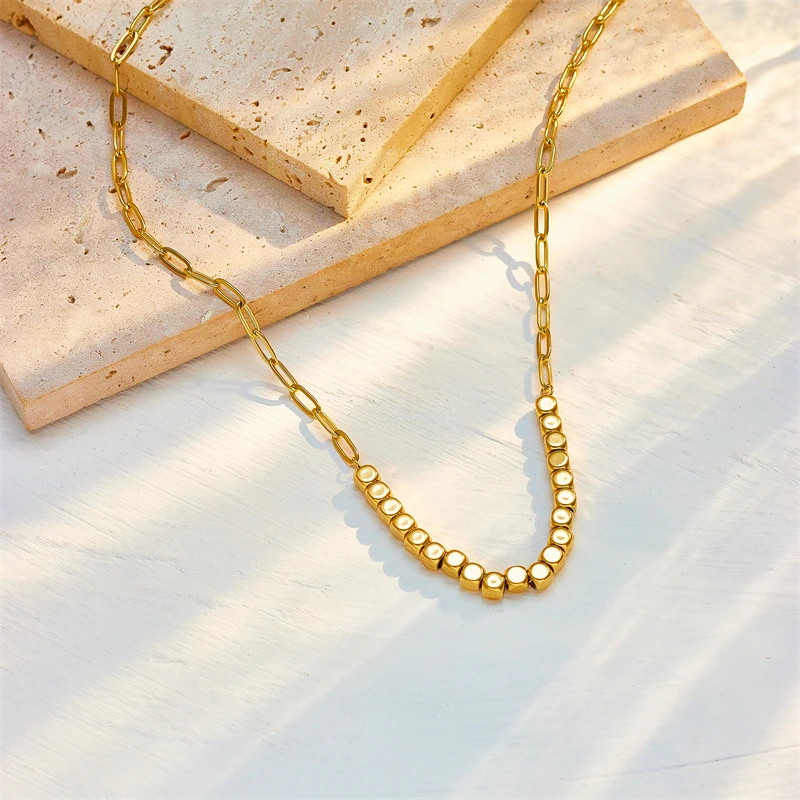 DIEYURO 316L Stainless Steel Gold Color Geometric Cube Chains Necklace For Women Fashion Girls Clavicle Choker Jewelry Gifts