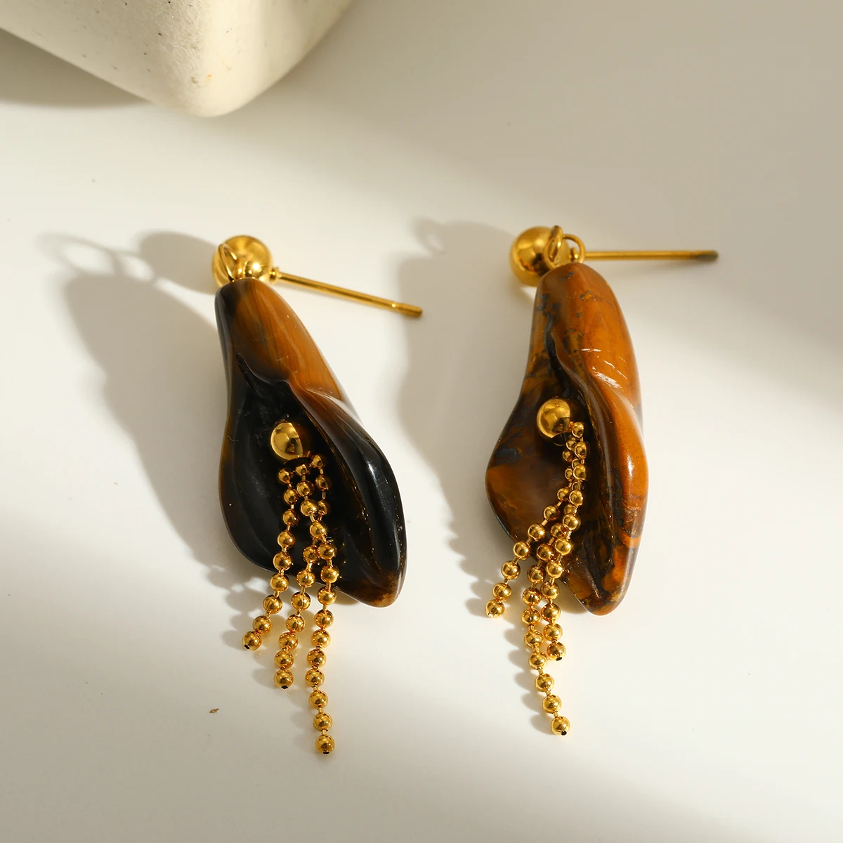 

Vintage Stainless Steel Tiger Eye Stone Tassel Pendant Necklace and Earrings Set for Women Geometric Natural Stone Jewelry Gifts