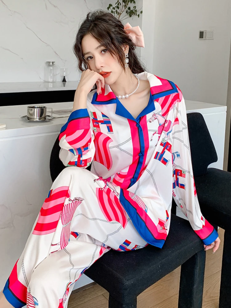 2024 Plus Size Printed Ice Silk Pajama Suit Women Spring Autumn Contrasting Color Top+Pants 2-Piece Set Thin Trendy Home Clothes