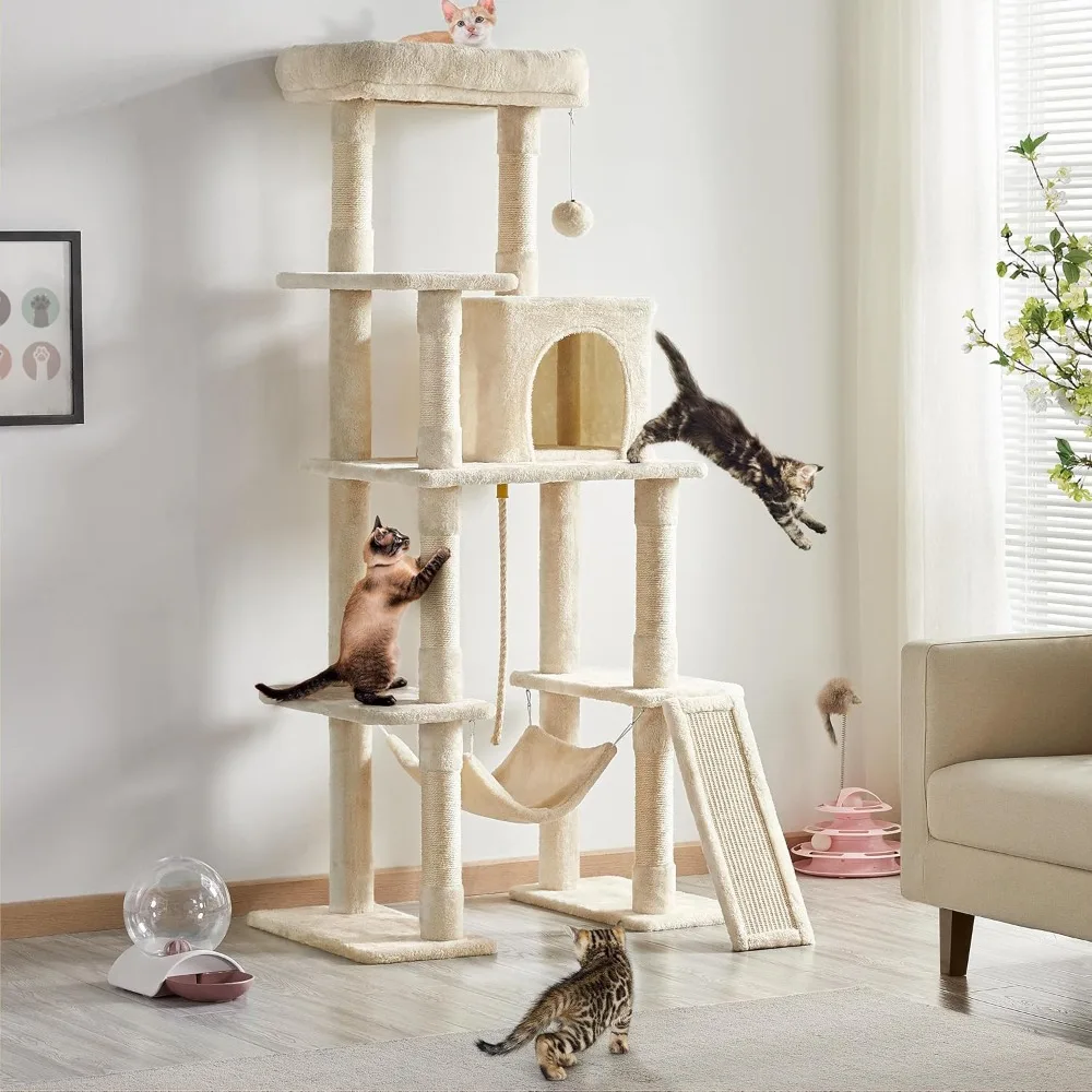 

Cat Tree, 63 Inches Multi-Level Indoor Cat Play Structure with Scratching Posts, Hammock, and Dangling Ball