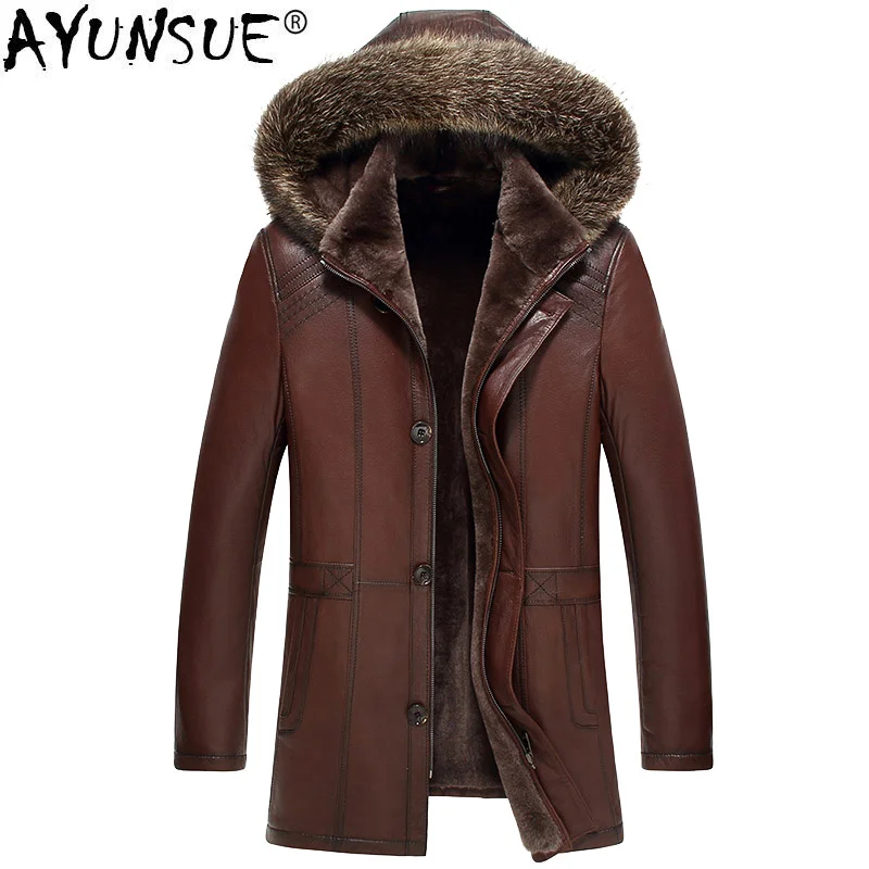 

Genuine Leather Jacket Men Real Pure Natural Fur Coat Raccoon Collar s Sheepskin 1765 MY736