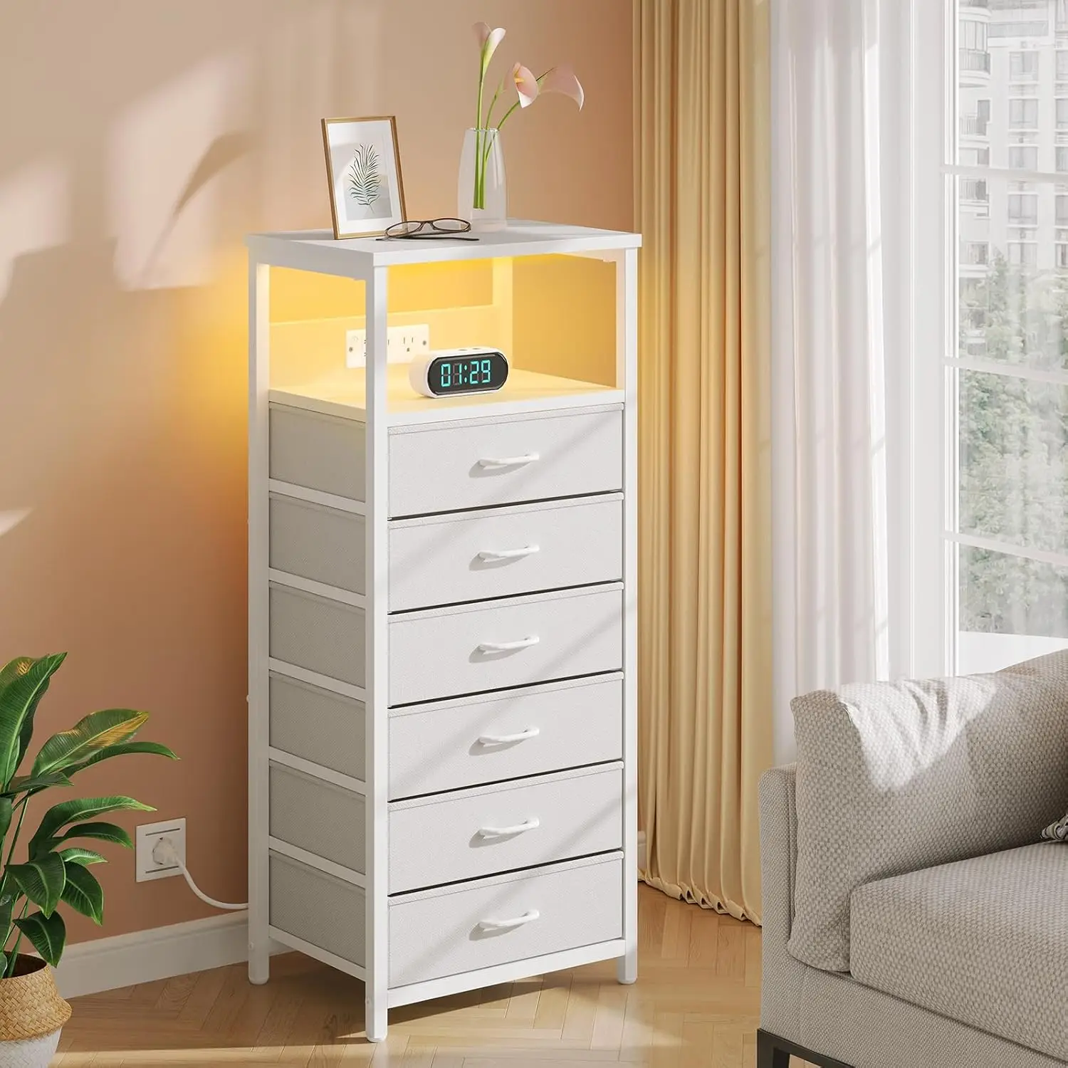 End Table with Charging Station, Nightstand with LED Lights, Bedside Table with 6 Fabric Drawers, Night Stand Table