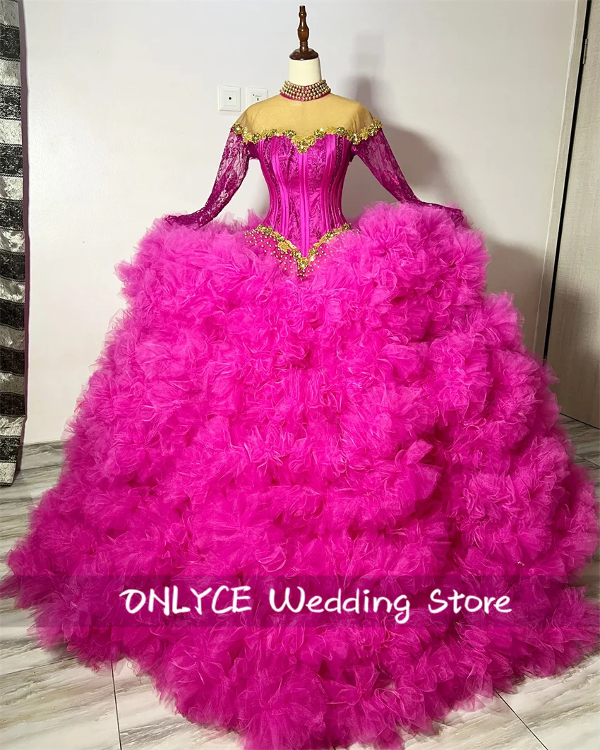 Luksusowa suknia balowa w kolorze fuksji sukienka na studniówkę koraliki kryształy Ruffles sukienki imprezowe kobieta długie rękawy suknia urodzinowa dostosowane