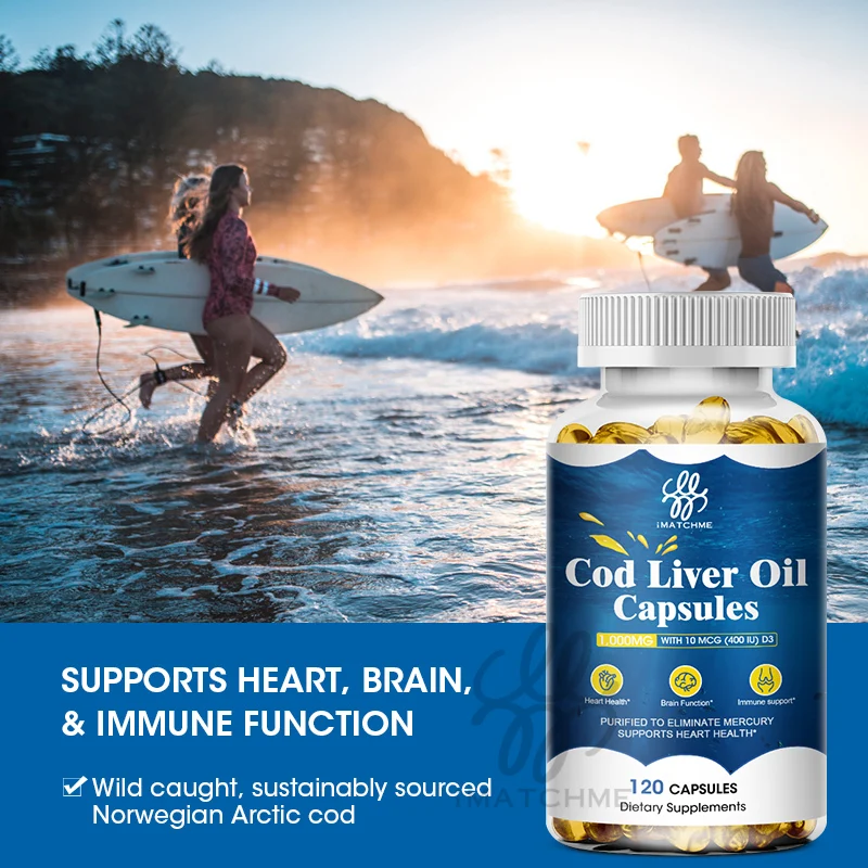 Cod Liver Oil Capsules Fish Oil Omega 3+ Vitamins A & D3 Stress Relief Strengthen Brain, Bone , Improve Memory and Intelligence