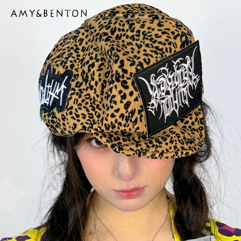 

Winter New Leopard Print Large Head Circumference Face Slimming Women's Beret Japanese Retro Versatile Cloud Octagonal Hat Girl