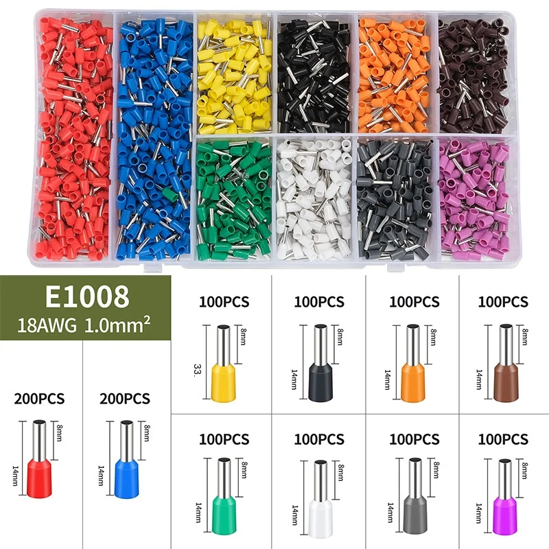 1200 Pcs Electrical Wire and Cable Accessories Tube Type Copper Nose Wire Ear Wiring Terminal Connection Head VE1008 Combination