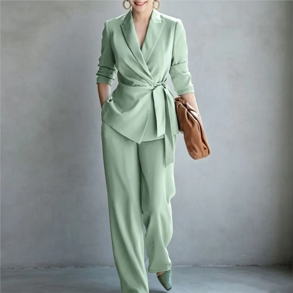 Elegant Women Solid OL Work Suitcoat Matching Two Piece Sets Autumn Notched Lace Up Blazer & Wide Leg Pants Casual Office Outfit